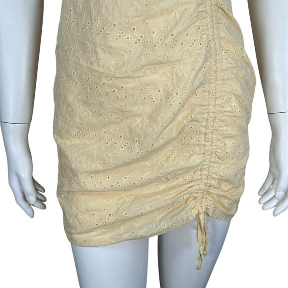 Mable Bodycon Micro Mini Dress Size Medium Yellow Eyelet Cottage Y2K Corset - Picture 3 of 9